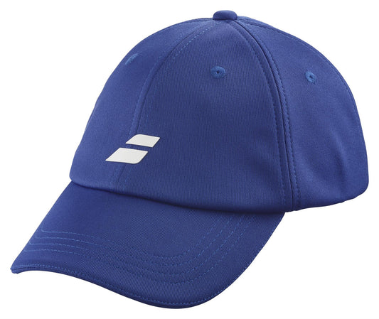 The Babolat Pure Logo Cap - Sodalite Blue is a lightweight baseball cap made from recycled polyester. It features a curved brim, a simple white logo on the front, and stitched panels with eyelets for optimal ventilation.