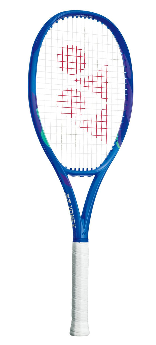 The Yonex EZONE 100 2025 Tennis Racket in Blast Blue sports a blue frame, white handle, and a distinctive red logo on the strings. It features Vibration Dampening Mesh for smoother play and rests against a plain white background.