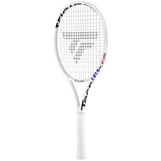 The Tecnifibre T-Fight 270 Isoflex Tennis Racket - White showcases a stylish white frame adorned with black lettering, complemented by a bold red, white, and blue design on the head. Its strings create a unique logo pattern, while the RS Section grip comes in pristine white for superior comfort and control.