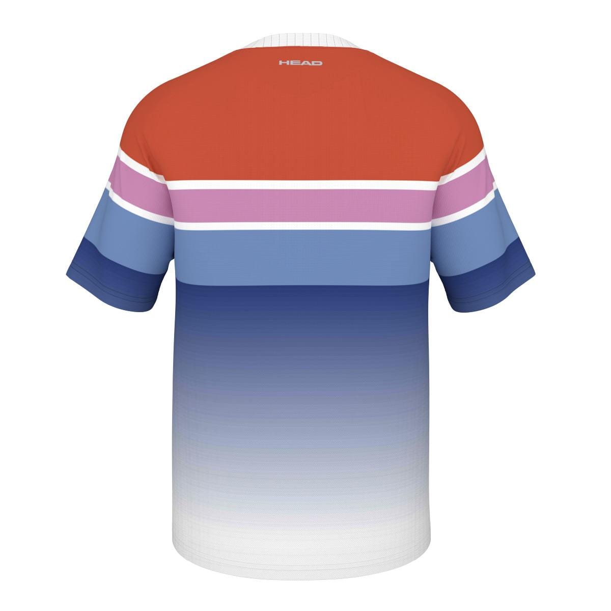 The HEAD Performance Men's Paris Tennis T-Shirt - OARO, by HEAD, boasts short sleeves and striking horizontal stripes in shades of red, pink, purple, and blue. Made from polyester jacquard, it elegantly transitions to a light blue-to-white gradient on the lower back view featuring a small logo.