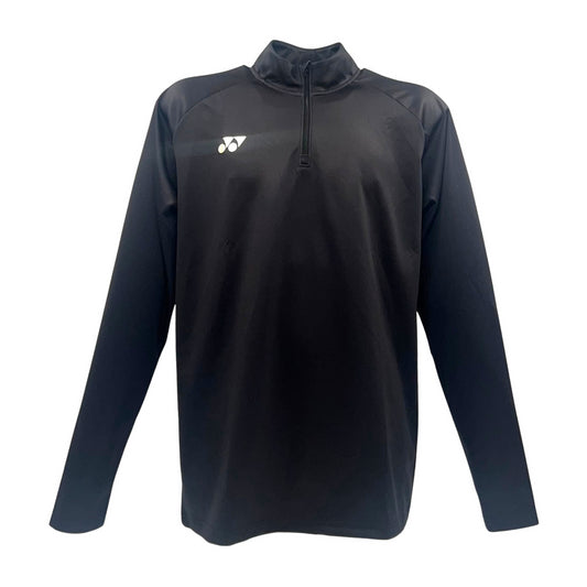 The Yonex YMDL2024 Unisex Tennis Midlayer in black is a long-sleeve top with a high collar and partial zip, ideal for tennis. It features a small white logo on the upper left chest and is designed for simplicity and style with breathable fabric.