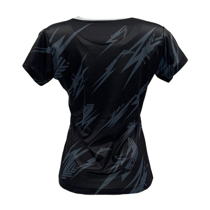 The Yonex YTL8 Women's Tennis T-Shirt in Black/Silver is an athletic top made from moisture-wicking polyester, featuring a gray abstract pattern. Its short sleeves and regular-fit design make it ideal for women's sportswear.