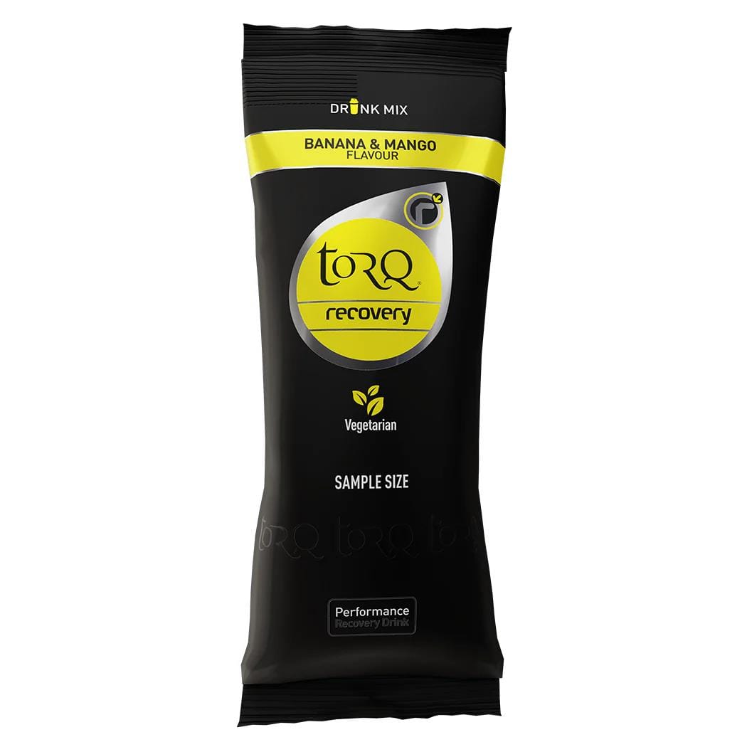 The Torq Recovery Sachet 50g - Banana Mango features a stylish black and yellow package and offers a delightful banana and mango flavor infused with whey protein. It is marked as "Vegetarian" and "Sample Size," perfect for rapid rehydration after exercise.