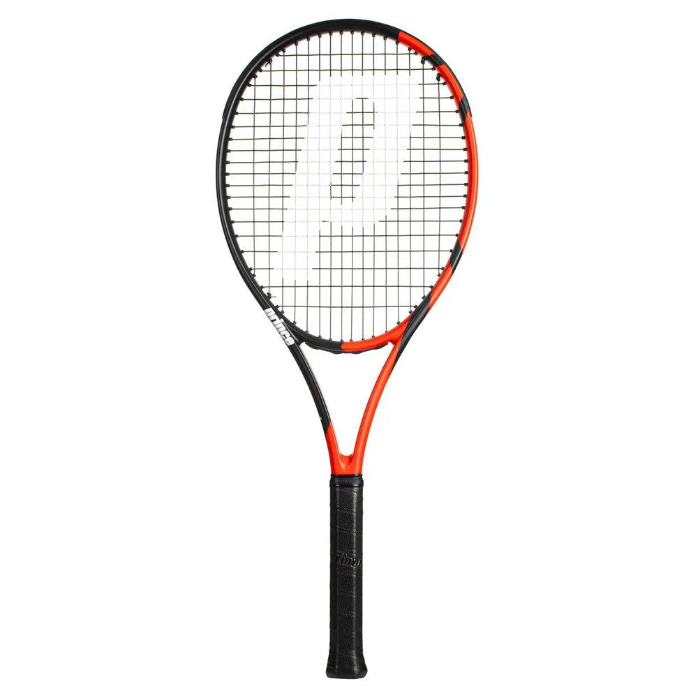 The Prince Beast Power 285g Tennis Racket, designed by Prince, features a sleek graphite frame in red and black with a prominent white "P" logo on the strings, highlighted against vertically woven strings and a black grip.