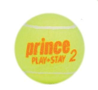 A Stage 2 tennis ball by Prince, featuring bold orange "Prince Play & Stay" text and designed with lower compression for beginner players, is yellow in color.