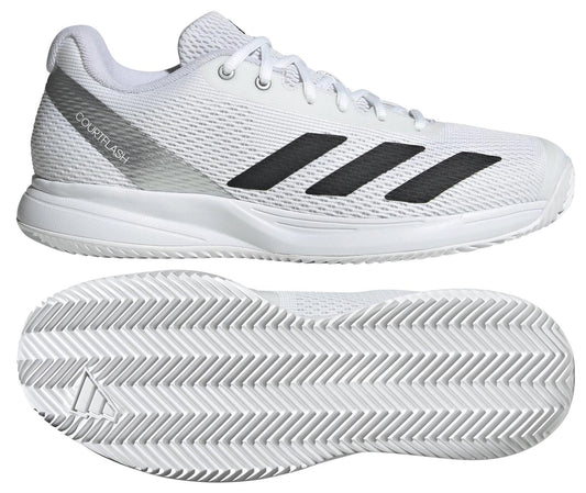 The ADIDAS Courtflash Speed 2 Men's Tennis Shoes in white feature black side stripes, an Adiwear outsole for traction, and a lightweight mesh upper with "COURTFLASH" near the heel. One shoe is displayed from the side, and the other from the bottom.