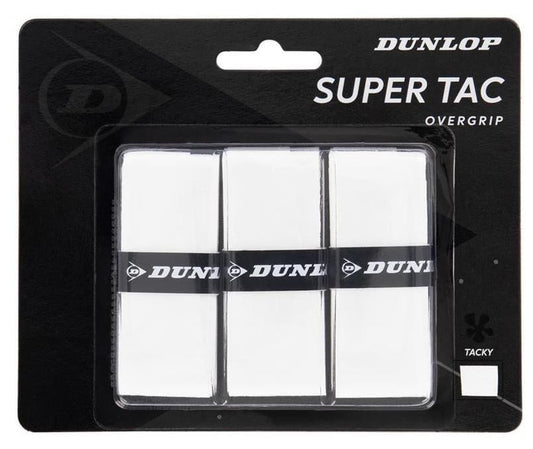 The packaging of the Dunlop Super Tac Tennis Overgrip - 3 Pack in White highlights three tennis overgrips featuring the Dunlop brand's black logo. The description focuses on their tacky texture and superior sweat absorption, ensuring a dependable grip during intense matches.