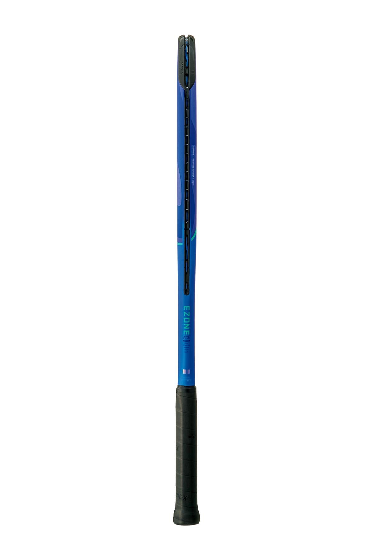 A Yonex EZONE Play 2025 Tennis Racket in Blast Blue stands vertically on a white background, showcasing its handle and part of the face, highlighting the advanced ISOMETRIC technology typical of the Yonex racket range.