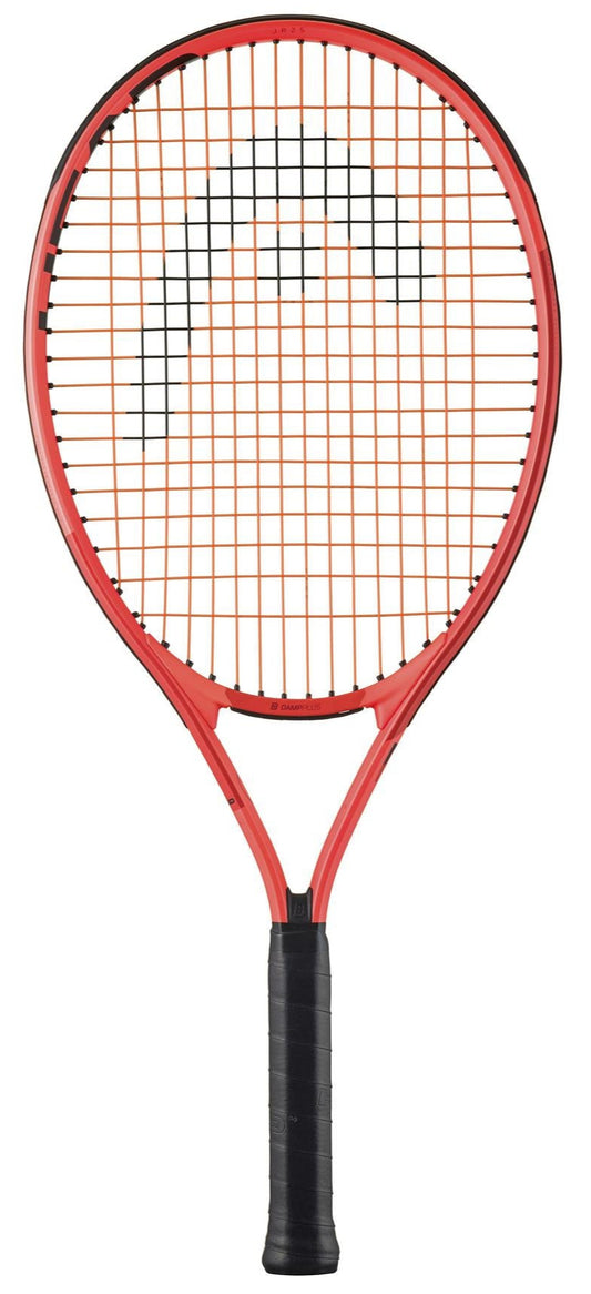 The HEAD Radical Junior 25 2025 Tennis Racket, in vibrant orange with a sleek design, features black strings forming the logo and a contrasting grip. Its stylish frame, ideal for children’s tennis, stands vertically to highlight its dynamic look.