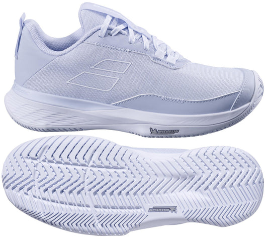 The Babolat SFX EVO All Court 2025 Women's Tennis Shoes in Xenon Blue/White offer sleek design and comfort on or off the court. They feature detailed textured soles for traction, subtle stitching, branding, clean lines, and a modern look.