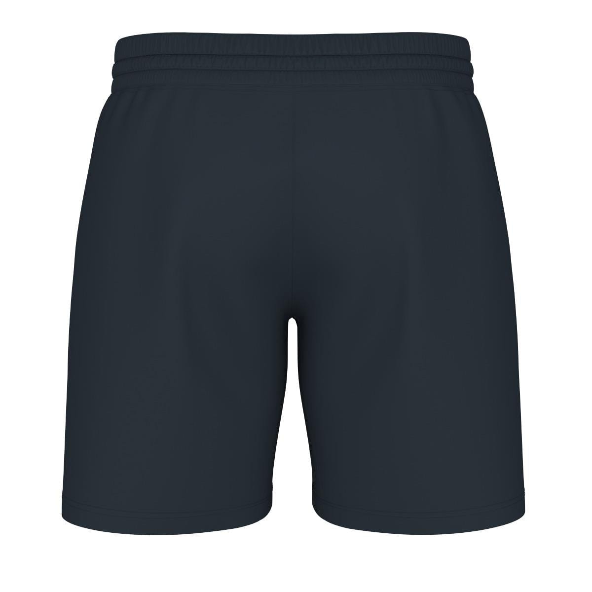 A pair of HEAD Performance men's tennis shorts in navy, showcasing a 4-way stretch and an elastic waistband, viewed from the back.