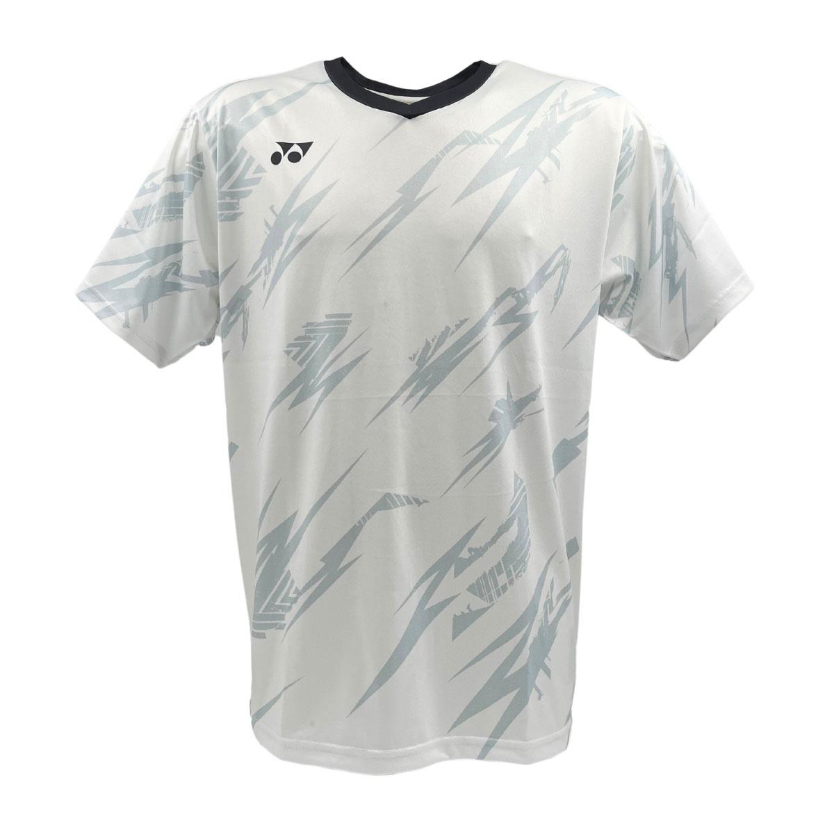 The Yonex YTM8 men's tennis T-shirt, in white and charcoal, features gray lightning bolt patterns and a small logo on the upper left chest. Made from moisture-wicking polyester, it includes a black V-neck collar for style and comfort on the court.