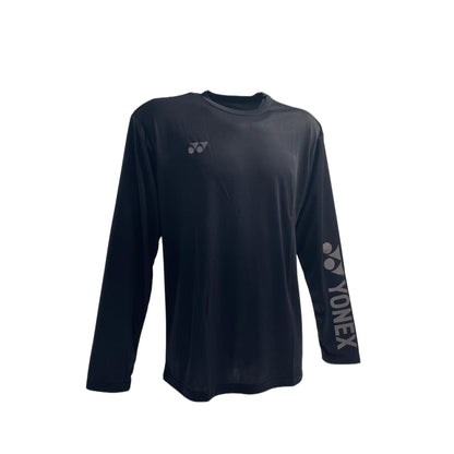 The Yonex YLSS2024 Unisex Tennis Long Sleeve T-Shirt in black combines style and performance with its iconic chest and sleeve logo. This moisture-wicking shirt is perfect for intense matches or casual wear.