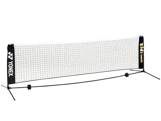 The Yonex AC344EX Kids Portable Tennis Net is a 3-meter long net designed for easy transport and setup. It features black posts and a white mesh on a sturdy black metal frame, with text reading "Kids Tennis" alongside the Yonex logo, making it perfect for young players.