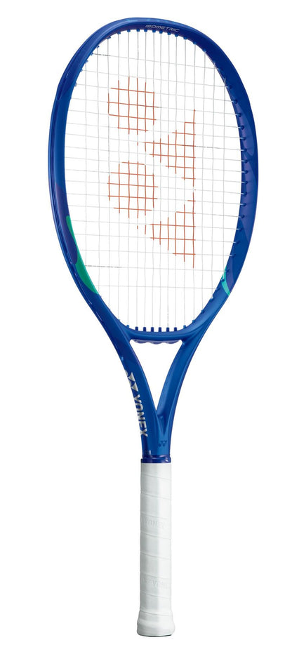 The Yonex EZONE 110 2025 Tennis Racket in Blast Blue blends style with performance. Featuring a white handle, orange strings, and 2G-Namd Speed technology, it's designed for players seeking precision on the court.