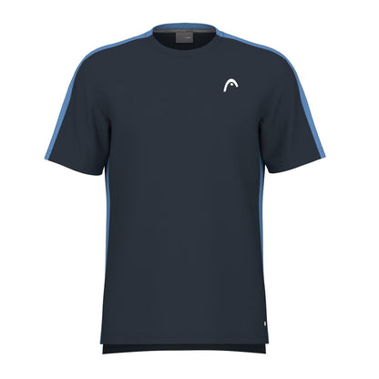 The HEAD Vision Slice Men's Tennis T-Shirt in navy, adorned with light blue stripes on the shoulders and sleeves, showcases a discreet white logo on the upper right chest. Made with HEAD Sportswear MXM technology, it offers excellent moisture management through its straightforward crew neck design.