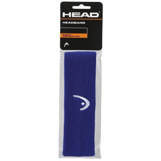 The HEAD Tennis Headband in blue prominently displays a white logo and is marketed as "HEAD Tennis Headband - Blue," highlighting its "Sweat Absorption" feature. Designed for optimal elasticity, the packaging includes distinctive black and orange accents at the top.