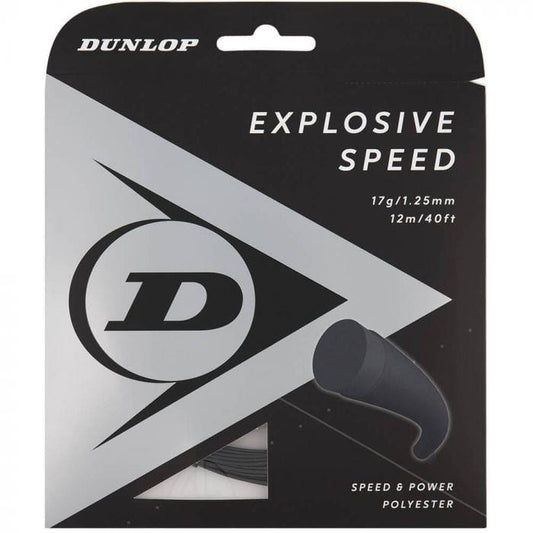 Dunlop Explosive Speed Tennis String packaging is tailored for power players, featuring a prominent "D" logo and details of 17g/1.25mm, 12m/40ft. This black polyester string is designed to deliver maximum speed and power on the court.