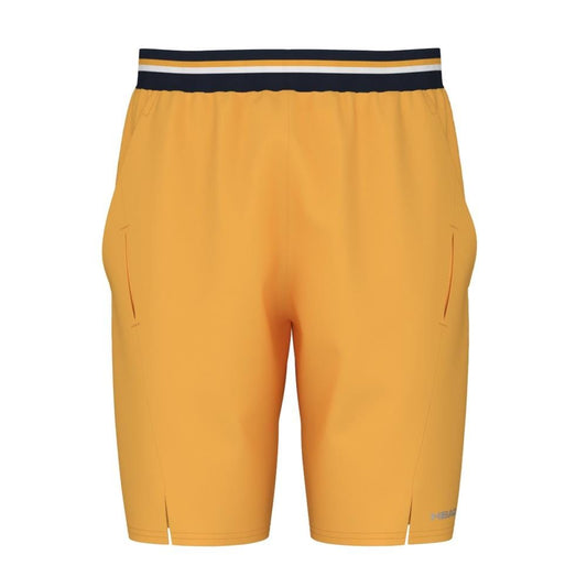 Introducing the HEAD Performance Men's Tennis Shorts in a bold banana hue, featuring a stylish black and white striped waistband. These shorts are made from moisture-wicking microfiber and include discreet side pockets along with small hem slits, offering both comfort and style for any activity.