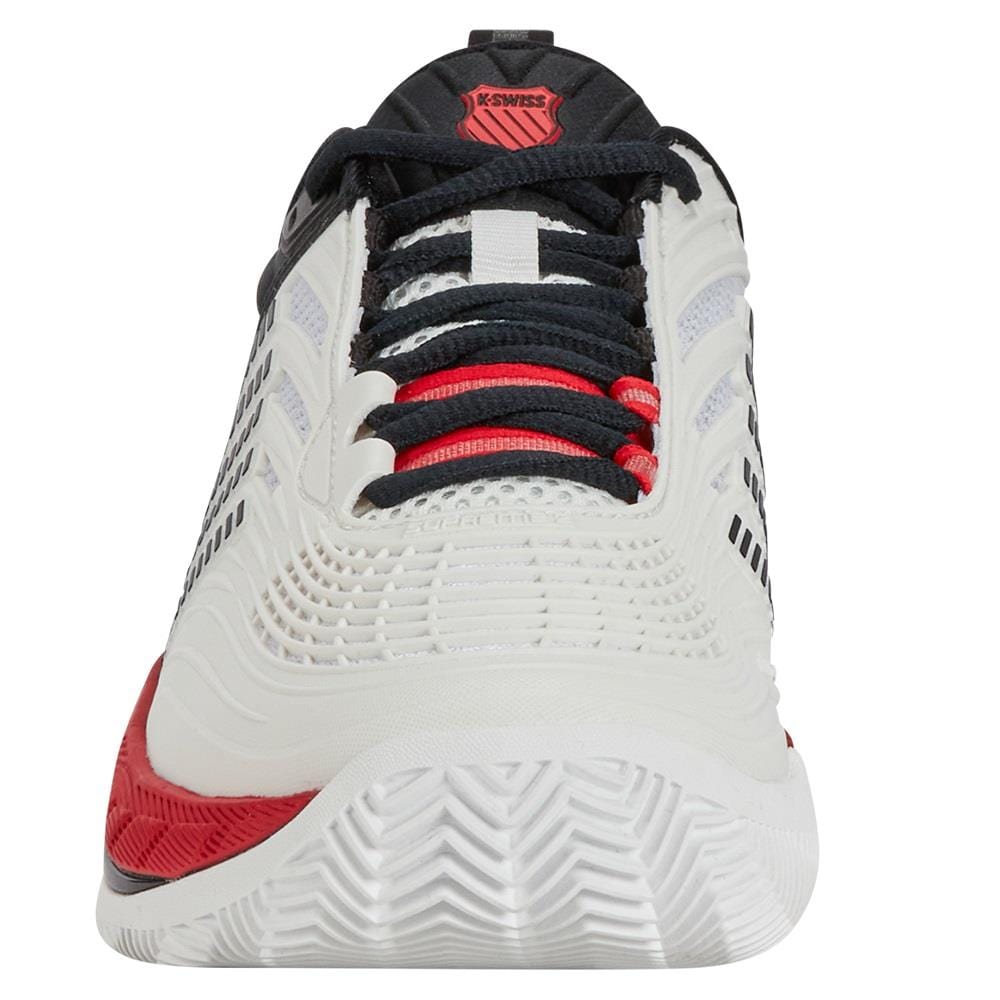 Front view of the K-Swiss Hypercourt Supreme 2 Men's Tennis Shoes in Bright White with Stretch Limo and High Risk Red accents. The design includes a textured Durawrap X pattern and black laces, highlighting the K-Swiss branding on the tongue. The sole features an intricate grip pattern.