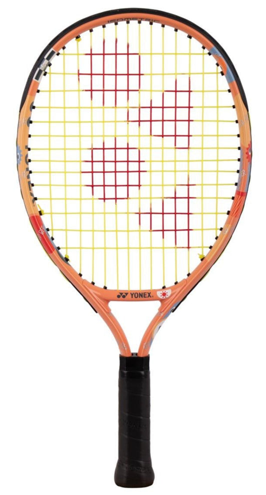 The Yonex Junior 17 Tennis Racket by Yonex features a 17-inch aluminium frame in coral orange with a black handle, highlighted by a yellow string pattern accented with red, set against a plain white background.