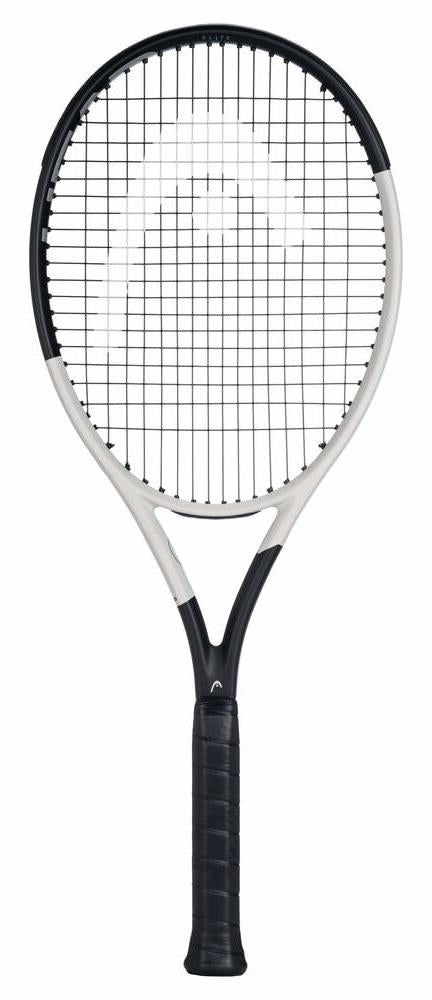 The HEAD Speed Elite 2024 Tennis Racket in white and black features a sleek, minimalist design with a black grip. It uses an auxetic construction and Graphene Inside for enhanced performance, displayed beautifully against a plain white background.