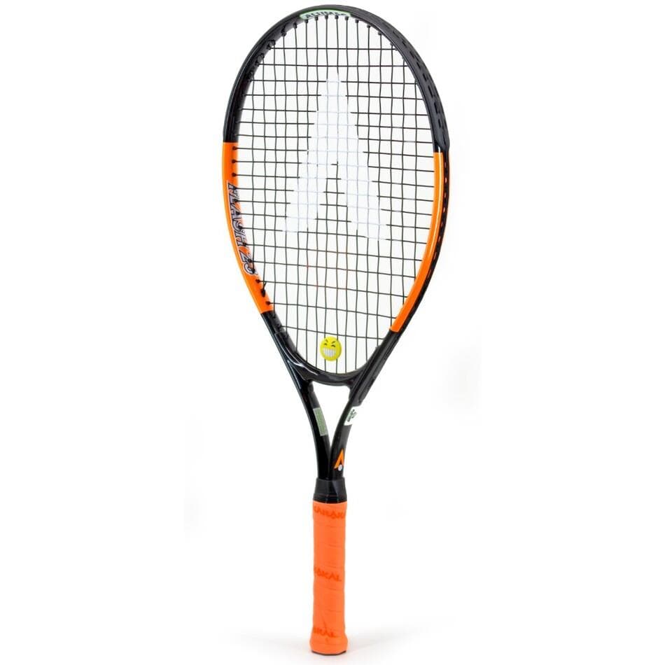 The Karakal Flash 23 Junior Tennis Racket, produced by Karakal, is made from 7050 Alumag Alloy and is displayed vertically against a white background. It features a stylish black and orange color scheme with an orange grip, distinctive string pattern, and a small circular design at its center.