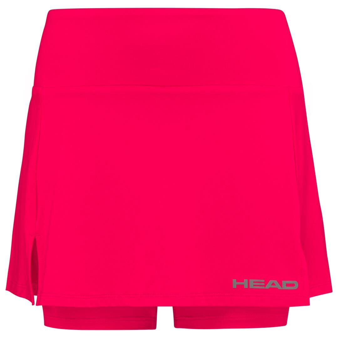 Introducing the HEAD Women's Club Basic Tennis Skort in Magenta, a stylish option designed by HEAD Sportswear. This vibrant skort includes attached shorts underneath and features a subtle slit on the left side for added flair. The "HEAD" logo is elegantly printed in light gray near the bottom hem. Made with moisture transfer microfibre, it ensures comfort and coolness during play on the court.