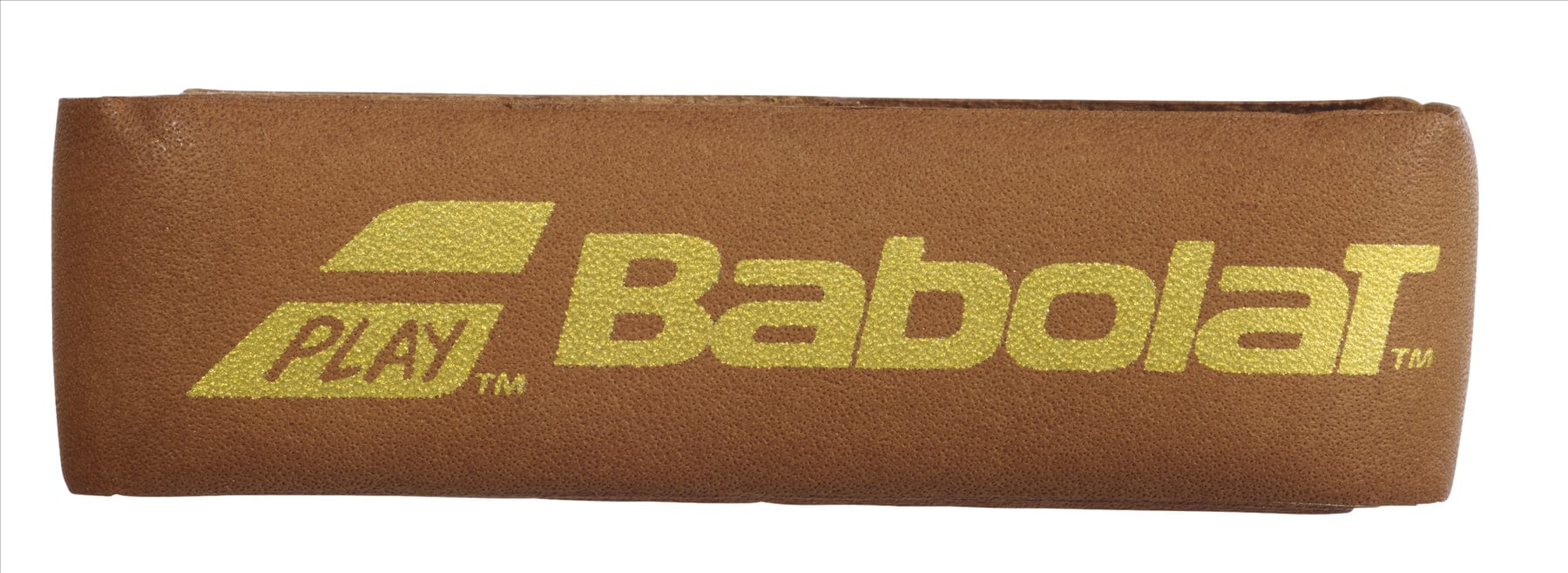 A Babolat Natural Tennis Grip in brown for rackets is shown, with the brand name "Babolat" printed in yellow alongside a logo featuring the word "Play." The overgrip, which seems to be crafted from genuine leather, appears to have a textured surface.