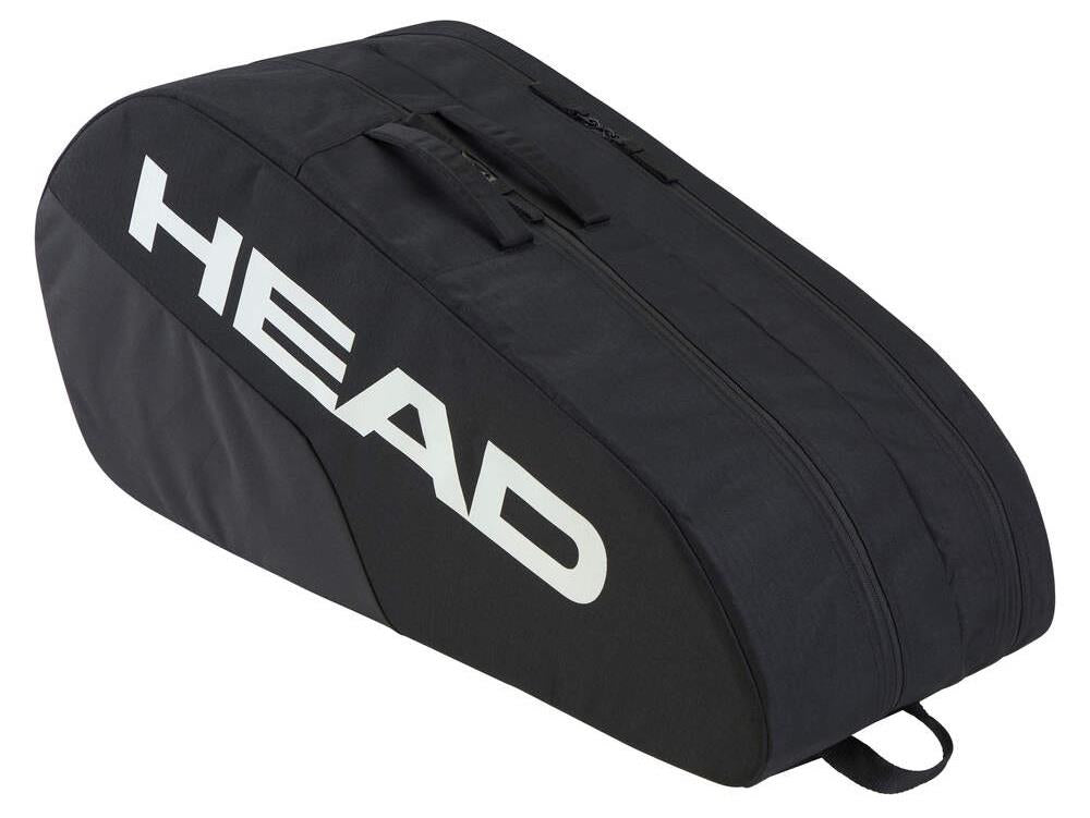 The HEAD BASE 6 Racket Tennis Bag M - BK by HEAD is a stylish black bag with a prominent white logo. It features a zippered compartment and comfortable handle, making it perfect for all your racket-carrying needs.