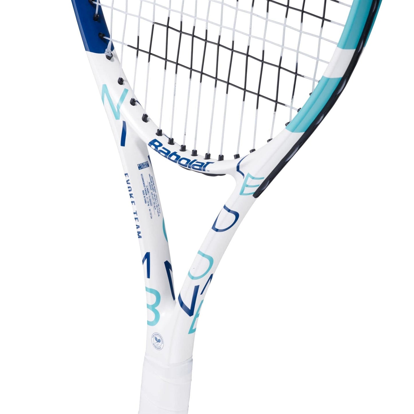 Close-up of a Babolat Evoke Team Wimbledon tennis racket featuring a sleek white design, perfect for beginners. The strings are prominently displayed, along with Babolat's logo and the model name on the frame.