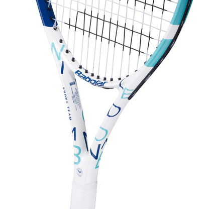 Close-up of a Babolat Evoke Team Wimbledon tennis racket featuring a sleek white design, perfect for beginners. The strings are prominently displayed, along with Babolat's logo and the model name on the frame.