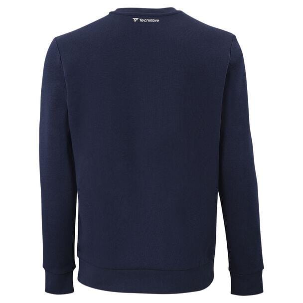 The Tecnifibre Men's Team Tennis Sweater in Marine features a small logo on the back below the collar. Made from cotton fleece, this sweatshirt embodies a high-performance aesthetic with its simple design and ribbed cuffs and hem, presented against a white background.