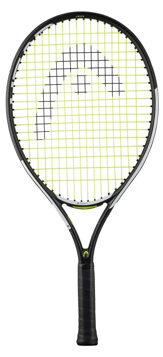 The HEAD IG Speed Junior 23 2024 Tennis Racket - Black by HEAD showcases a sleek black and yellow design with a unique logo on the strings. Made from lightweight graphite composite, it includes a black handle wrapped in grip tape and vivid yellow strings that stand out against the dark frame.