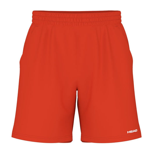 Vibrant orange HEAD Vision Power Mens Tennis Shorts equipped with an elastic waistband. These minimalist athletic shorts showcase the "HEAD" brand in white on the bottom right and are designed with 4-way stretch and moisture transfer microfiber, providing comfort and performance without any additional patterns or logos.