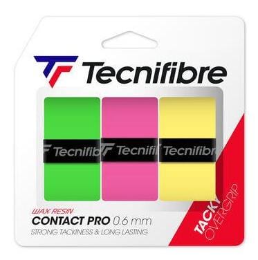 The Tecnifibre Contact Pro Tennis Overgrip 3 Pack, available in striking pink, yellow, and green colors, features a "0.6 mm" thickness. These overgrips offer exceptional grip with an improved tacky effect that delivers strong adherence and durability for every swing.