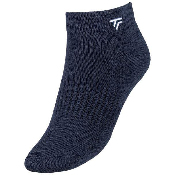 A Tecnifibre Low Cut Tennis Sock in marine blue, featuring a ribbed texture and a discreet white logo near the cuff, designed specifically for racket sports to provide excellent ankle support.