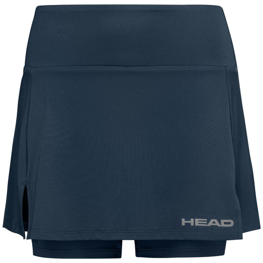 The HEAD Women's Club Basic Tennis Skort in navy features the brand's logo near the hem. Made from moisture-transfer microfibre, it showcases a sleek design with a high waistband and a small side slit.