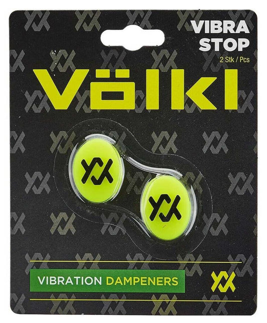 Packaging for the Volkl Vibra Stop Tennis Vibration Dampener - Yellow, featuring two yellow dampeners designed to minimize vibrations on your tennis racket. Set against a black background with a repeating logo pattern, the text reads: "Volkl Vibra Stop 2 Stk/Pcs" and "Vibration Dampeners.