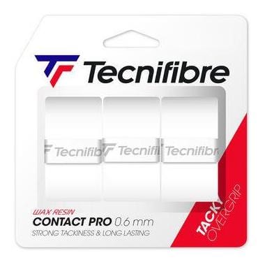 The Tecnifibre Contact Pro Tennis Overgrip - 3 Pack - White offers three high-performance grips featuring a "wax resin" coating and a thickness of "0.6mm." These overgrips provide an enhanced tacky effect for outstanding stability, and the package is marked with a red label that reads "tacky overgrip," highlighting their strong grip and durability.