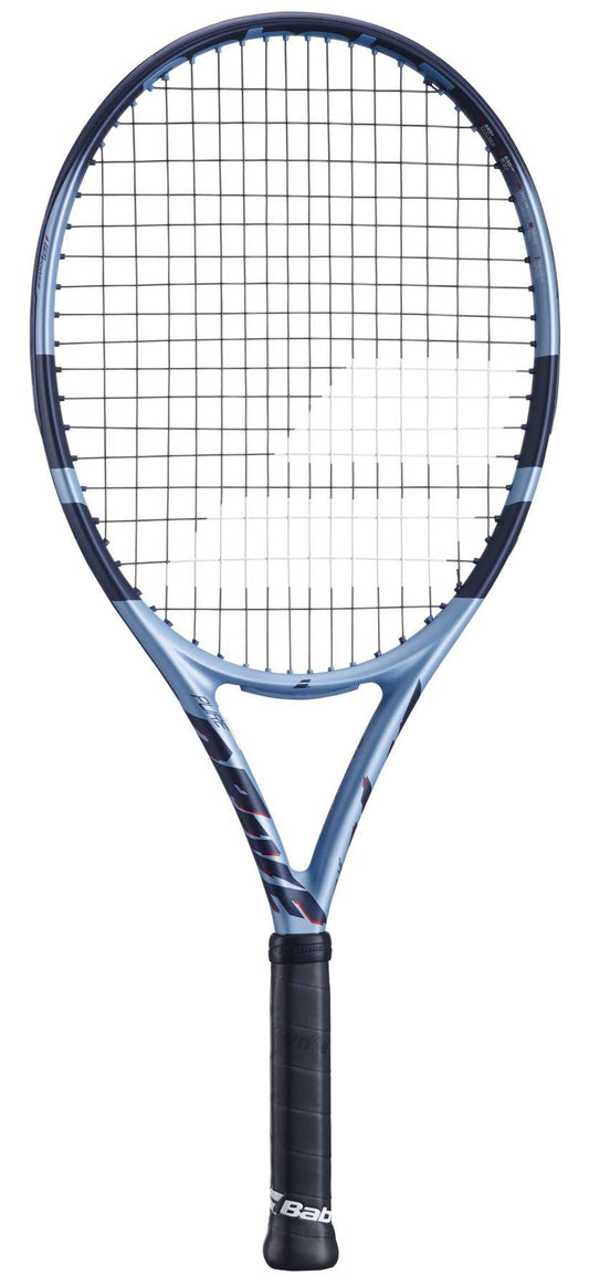 The Babolat Pure Drive Junior 25 Gen 11 tennis racket showcases a striking dark blue design with a string grid. Its handle is wrapped in a dark material for optimal grip, ideal for young players, and promises to elevate performance on the court.