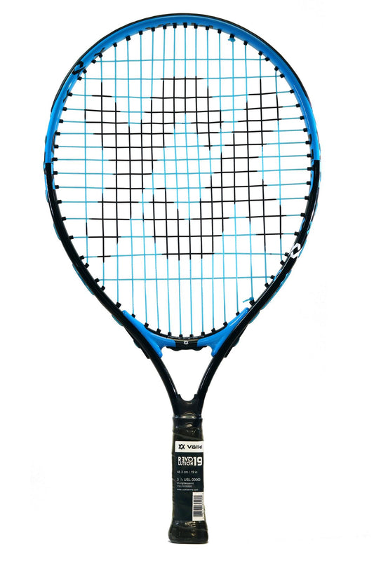 The Volkl Revolution 19 Junior Tennis Racket, in black and blue, features a black grip and a patterned string design. Ideal for young players, it includes a handle label with specifications or branding. This racket is presented against a white background.