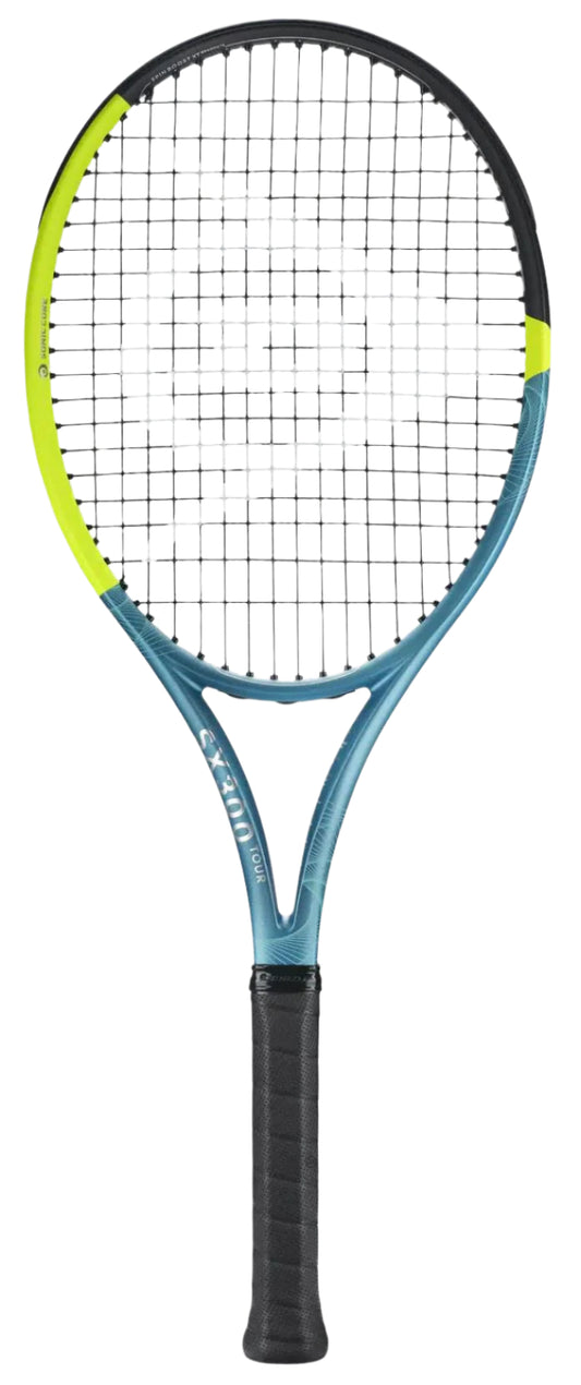 The Dunlop SX 300 Tour 2025 tennis racket features a yellow, teal, and black frame suitable for advanced players, highlighted by its stringed oval head.