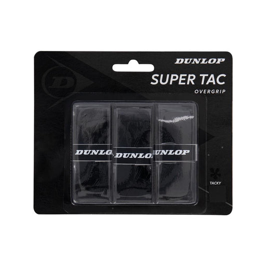 The packaging of the Dunlop Super Tac Tennis Overgrip - 3 Pack - Black displays three black overgrips in a clear plastic section. Mainly black with white text, it emphasizes the "Tacky" label in the bottom right corner, ensuring superb sweat absorption and a sticky surface for peak performance.