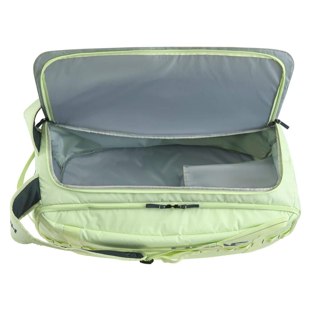 The HEAD Pro Duffle Tennis Bag L - LLAN by HEAD features climate control technology and is designed with a green exterior and grey interior. It offers an open main compartment, a side pocket, a shoulder strap, and a zippered lid for added convenience.