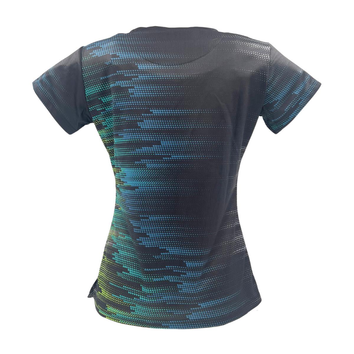 The Yonex YTL7 Women's Tennis T-Shirt - Shadow is dark athletic wear featuring short sleeves and a dynamic blue to green gradient of dotted lines. It's crafted from moisture-wicking fabric, perfect for active performance on a crisp white backdrop.