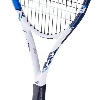 Close-up of the Babolat Evoke Team Tennis Racket in white, ideal for beginners. The black strings are tightly strung, and the partially visible handle elegantly displays the word "Team" on its frame.