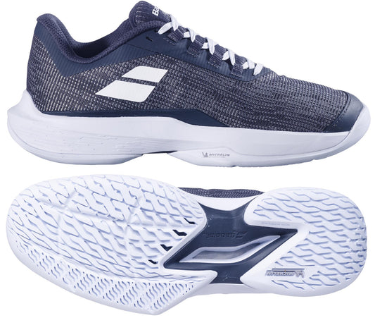 The Babolat Jet Tere 2 2024 Women's Tennis Shoes in Queen Jio Grey feature a mesh upper with a logo and textured sole for grip, delivering lightweight comfort and stability in any sport activity.