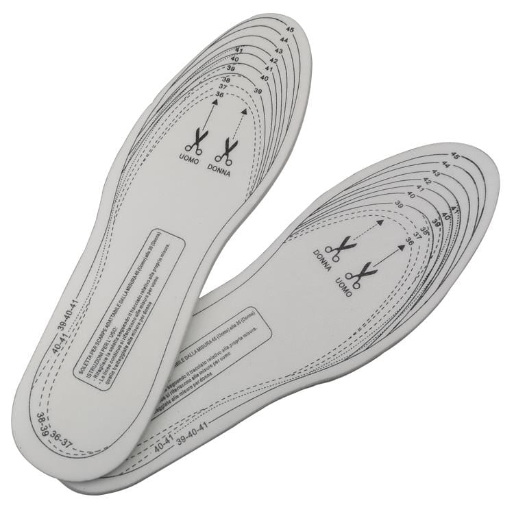 Introducing Shoestring's Cut-to-fit Tennis Insoles, available in white. These insoles feature printed guides for precise adjustments, with labels indicating UK size ranges 4-12 for both men and women. You'll also find scissors symbols and measurements in centimeters to assist with customization.