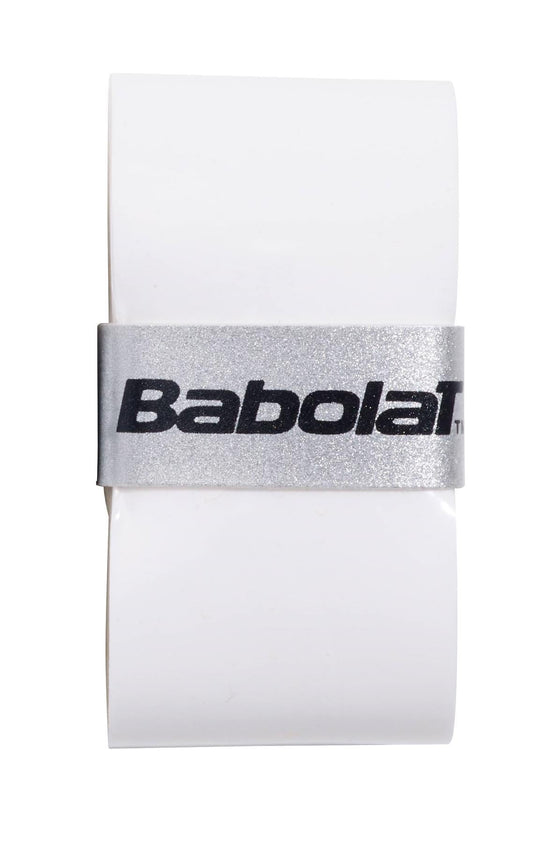 Close-up image of the Babolat Pro Tour 2.0 Comfort Tennis Overgrip in white, elegantly accented with the iconic brand logo printed in black on a sleek silver band, ideal for advanced players.